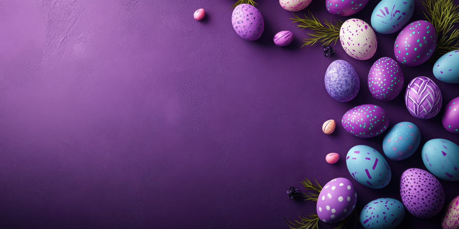 Colorful decorated Easter eggs arranged on a purple background with greenery, perfect for festive celebrations and spring gatherings